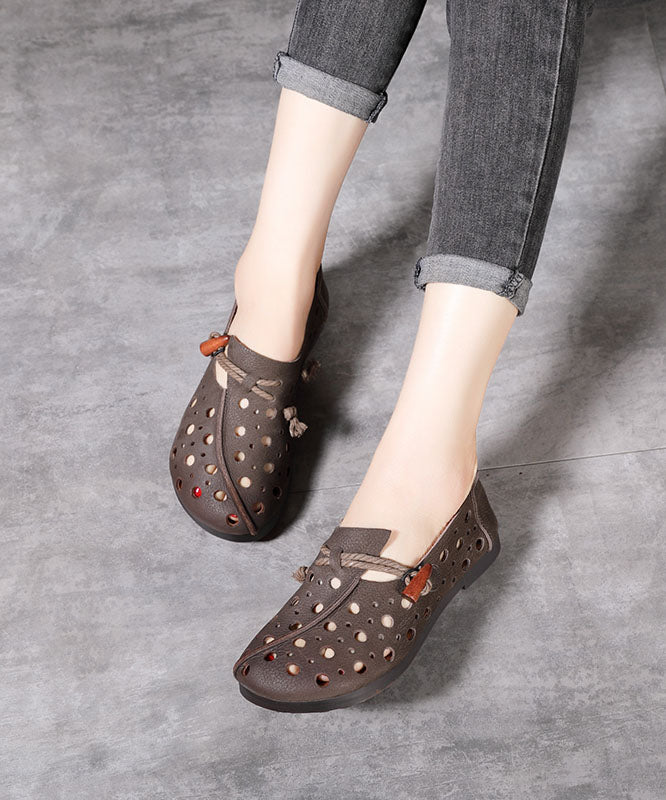 Classy Hollow Out Cowhide Leather Flat Shoes For Women Buckle Strap Flats