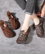 Classy Hollow Out Cowhide Leather Flat Shoes For Women Buckle Strap Flats