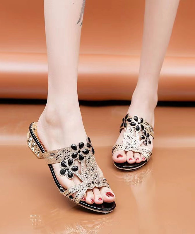 Classy Hollow Out Splicing Chunky Black Zircon Slide Sandals