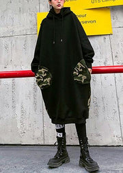 Classy Hooded Pockets Spring Clothes For Women Neckline Black Robe Dresses - SooLinen