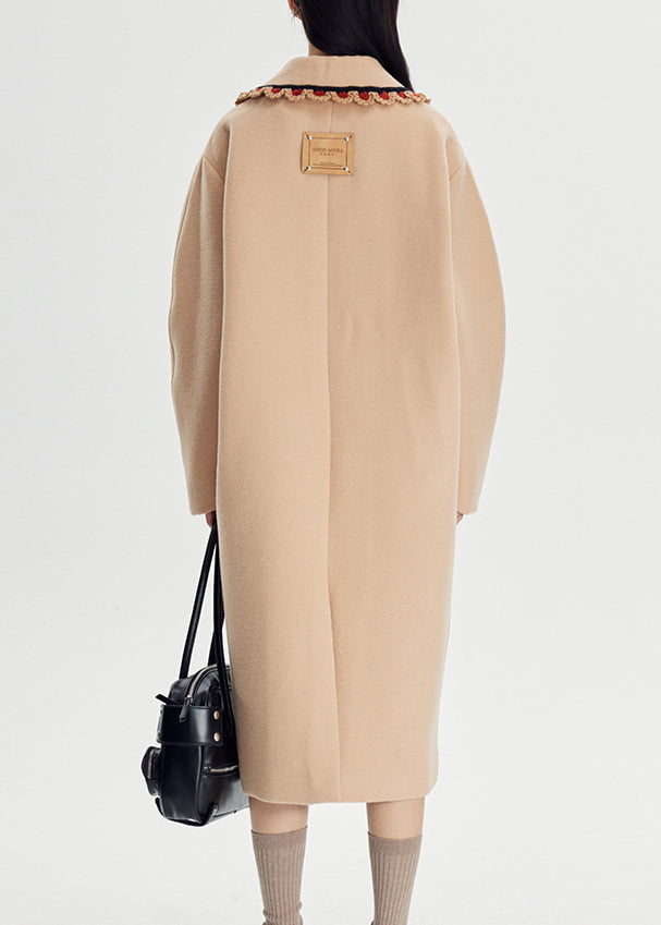 Classy Khaki Button Pockets Patchwork Woolen Coats Long Sleeve