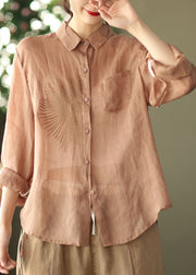 Classy Khaki Embroidered Casual Ramie Top Long Sleeve