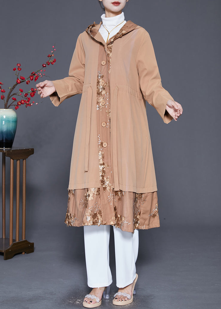Classy Khaki Embroidered Patchwork Cotton Trench Fall