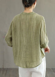 Classy Khaki O-Neck Button Solid Color Wrinkled Linen Shirt Top Half Sleeve