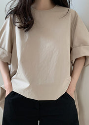 Classy Khaki O Neck Patchwork Cotton T Shirt Short Sleeve