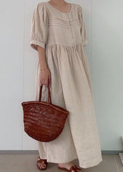 Classy Khaki O Neck Patchwork Wrinkled Linen Dress Summer