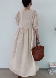 Classy Khaki O Neck Patchwork Wrinkled Linen Dress Summer