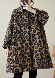 Classy Khaki Oversized Leopard Print Woolen Coats Winter
