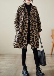 Classy Khaki Oversized Leopard Print Woolen Coats Winter