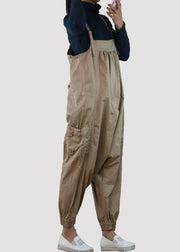 Classy Khaki Oversized Pockets Cotton Jumpsuits Spring