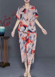 Classy Khaki Oversized Print Linen Two Piece Set Outfits Summer