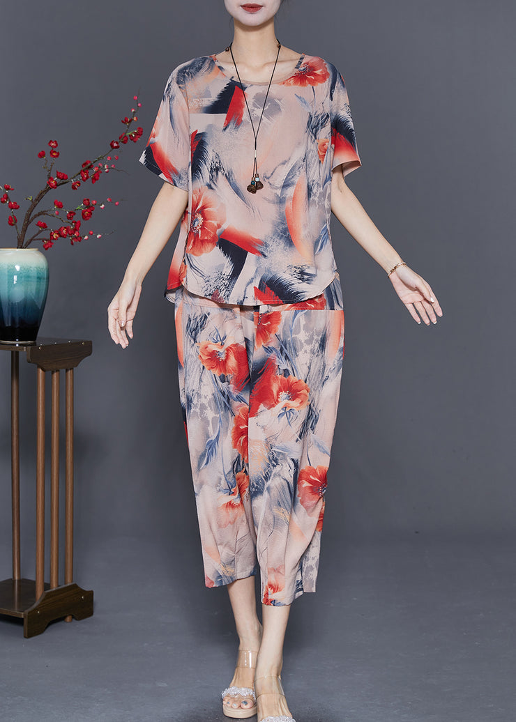 Classy Khaki Oversized Print Linen Two Piece Set Outfits Summer