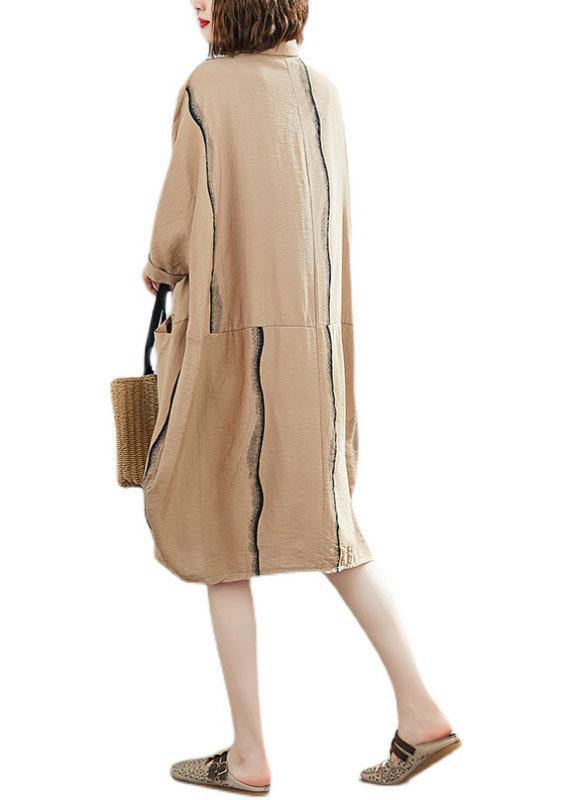 Classy Khaki Patchwork Pockets Summer Half Sleeve Holiday Dress - SooLinen