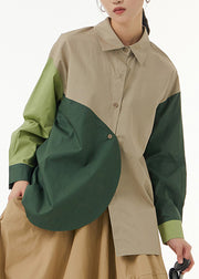 Classy Khaki Peter Pan Collar Asymmetrical Patchwork Button Cotton Shirt Spring