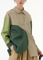 Classy Khaki Peter Pan Collar Asymmetrical Patchwork Button Cotton Shirt Spring