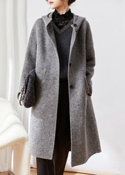 Classy Khaki Pockets Button Patchwork Woolen Hoodies Coat Winter