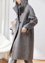 Classy Khaki Pockets Button Patchwork Woolen Hoodies Coat Winter