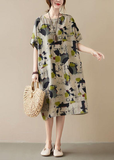 Classy Khaki Print O-Neck Pockets Summer Maxi Dresses Half Sleeve - SooLinen