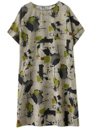Classy Khaki Print O-Neck Pockets Summer Maxi Dresses Half Sleeve - SooLinen