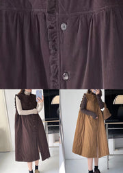 Classy Khaki Ruffled Button Cotton Filled Waistcoat Dresses Sleeveless