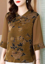 Classy Khaki Stand Collar Print Patchwork Silk Top Half sleeve