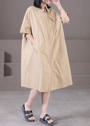 Klassisches Khaki-Umlegekragen mit Reißverschluss Taschen Baumwolle A-Linie Kleid Sommer
