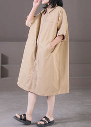 Klassisches Khaki-Umlegekragen mit Reißverschluss Taschen Baumwolle A-Linie Kleid Sommer