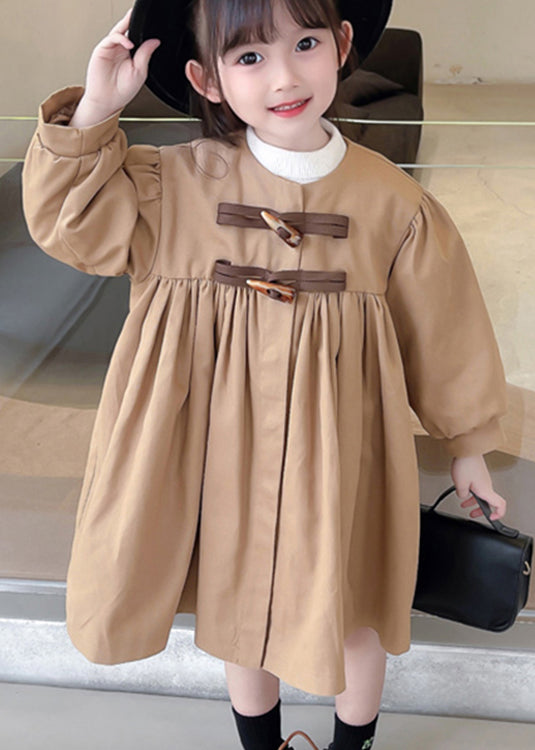 Classy Khaki Wrinkled Button Bow Patchwork Cotton Baby Girls Trench Fall