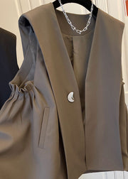 Classy Khaki fashion pleated Pockets Fall Sleeveless Waistcoat
