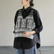 Classy Lapel Patchwork Knit Fabric Spring Black Blouse - SooLinen