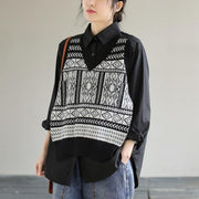 Classy Lapel Patchwork Knit Fabric Spring Black Blouse - SooLinen