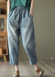 Classy Light Blue Elastic Waist Pockets Cotton Denim Crop Pants Summer