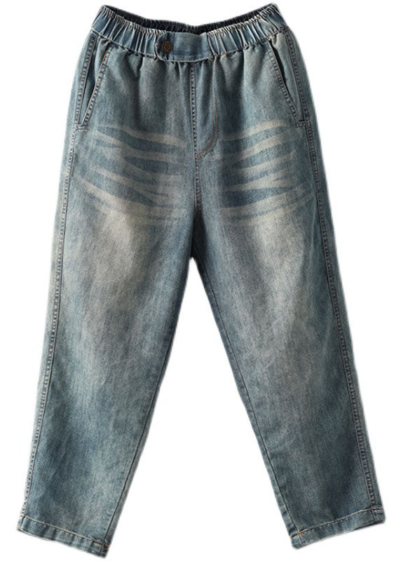 Classy Light Blue Elastic Waist Pockets Cotton Denim Crop Pants Summer