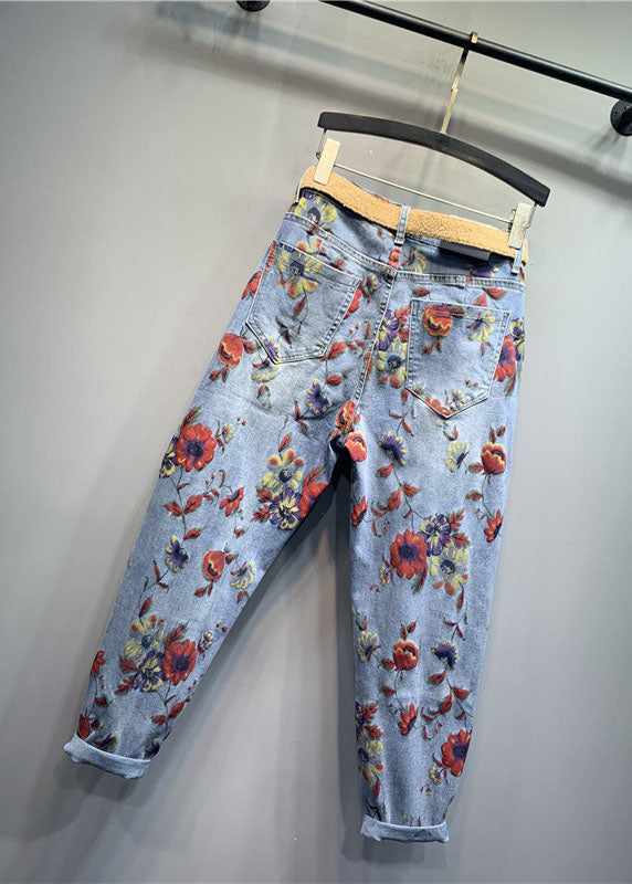 Classy Light Blue Floral Patchwork Zippered Jeans Fall