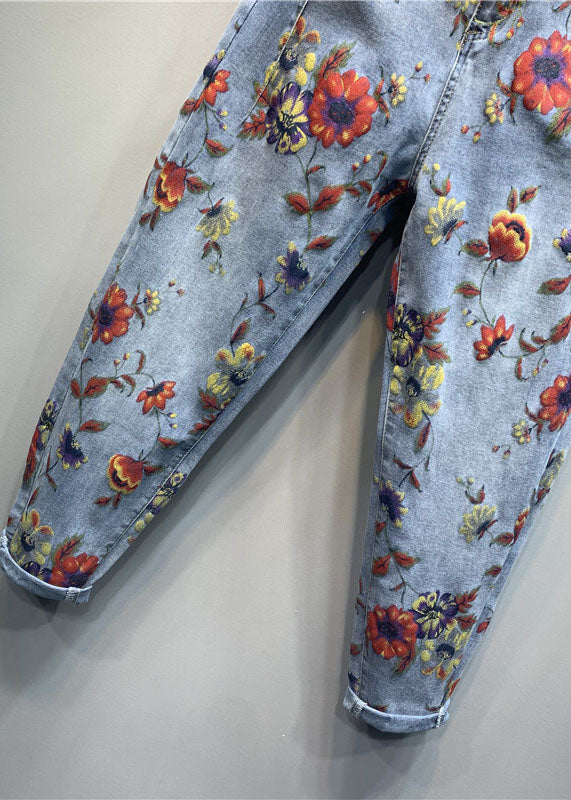 Classy Light Blue Floral Patchwork Zippered Jeans Fall