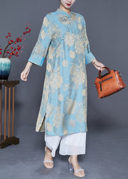 Classy Light Blue Mandarin Collar Print Tassel Silk Dresses Bracelet Sleeve