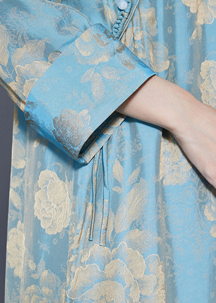 Classy Light Blue Mandarin Collar Print Tassel Silk Dresses Bracelet Sleeve
