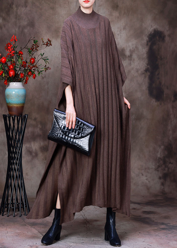 Elegantes, leichtes Kaffee-Rollkragen-Strick-Maxi-Pullover-Kleid mit langen Ärmeln
