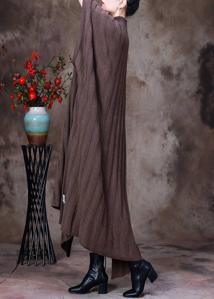 Classy Light Chocolate Turtleneck Knit Maxi Sweaters Dress Long Sleeve