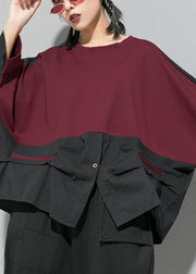 Elegantes Mulberry O-Neck Patchwork asymmetrisches Design Herbst Langarm Bluse Top