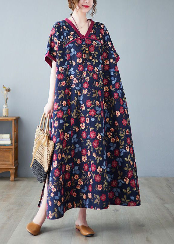 Classy Mulberry V Neck Print Cotton Long Dresses Summer