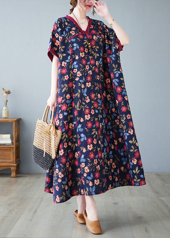 Classy Mulberry V Neck Print Cotton Long Dresses Summer