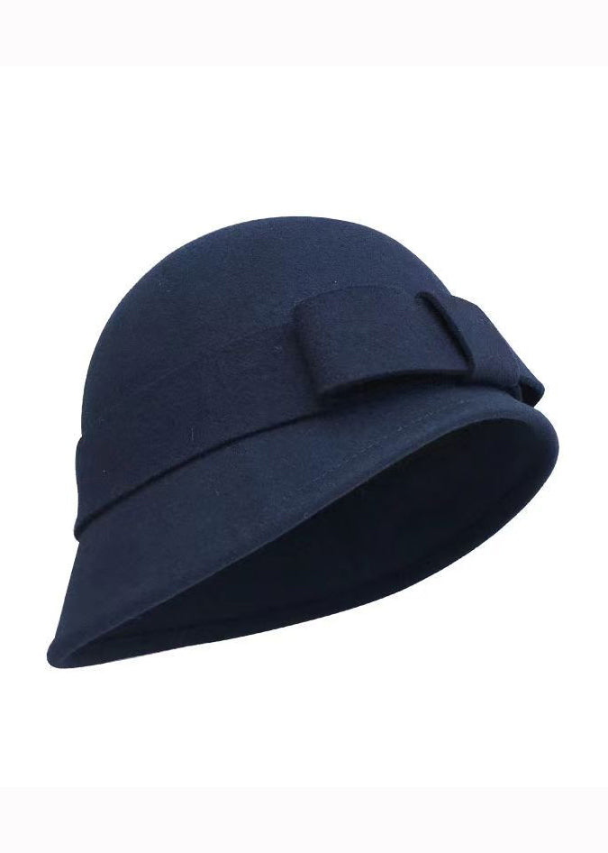 Classy Navy Bow Patchwork Woolen Bucket Hat