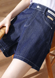 Classy Navy High Waist Pockets Applique Cotton Denim Shorts Summer