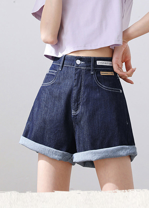 Classy Navy High Waist Pockets Applique Cotton Denim Shorts Summer