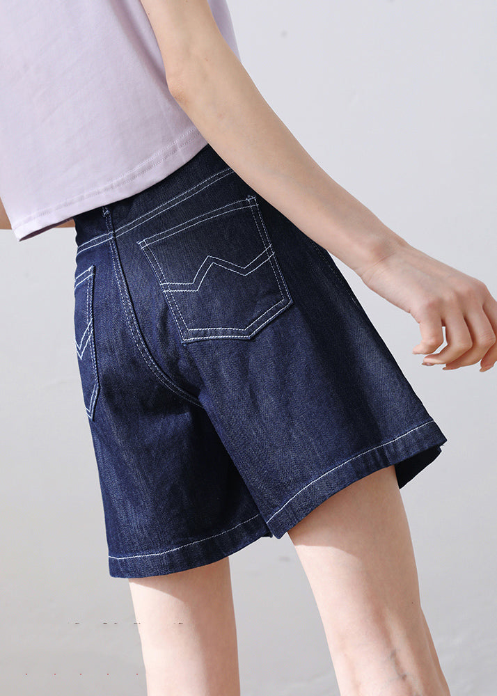 Elegante marineblaue Taschen mit hoher Taille und Applikationen aus Baumwoll-Denim-Shorts Sommer