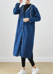 Classy Navy Hooded Drawstring Denim Coat Outwear Fall