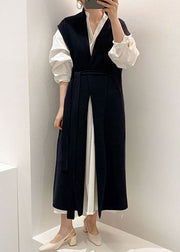 Classy Navy Oversized Original Design Knit Vest And Shirt Two Piece Set Outfits Spring