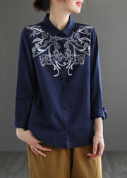 Classy Navy Peter Pan Collar Embroidered Cotton Blouses Long Sleeve