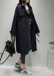 Classy Notched double breast Plus Size trench coat navy silhouette outwear - SooLinen